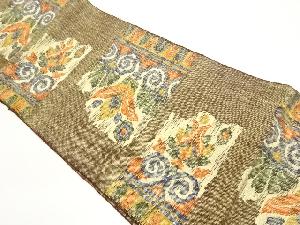 手織り真綿紬変わり横段に花葉・幾何学模様織出し名古屋帯